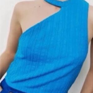 ZARA ribbed asymmetrical cut out electric blue crop top. Size Small